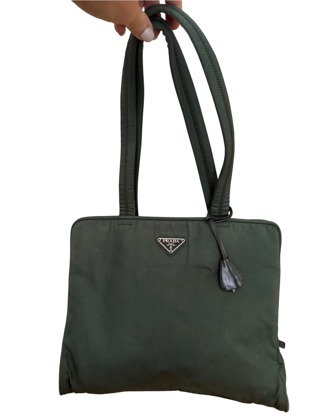 Prada Tessuto Nylon Tote Bag Forest Green Silver Hardware Padlock Clochette